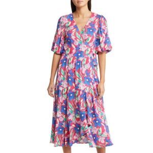 Chelsea28 Floral Print Puff Sleeve Wrap Dress in Pink Floral